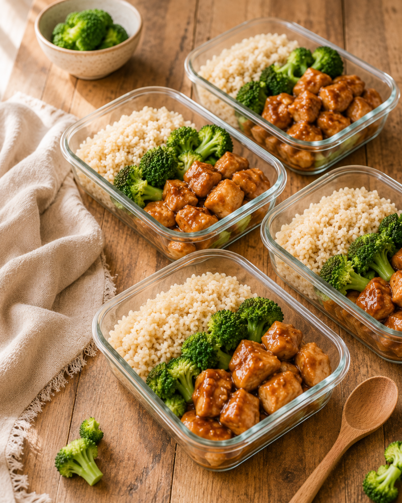 honey garlic chicken meal prep with broccoli and brown rice.