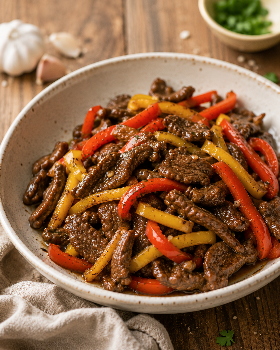 Easy 5-Ingredient Beef and Pepper Stir-Fry 1 A bowl of beef and pepper stir-fry made with tender strips of lean beef, colorful red and yellow bell peppers, garlic, and soy sauce, served in a ceramic bowl on a rustic wooden table.