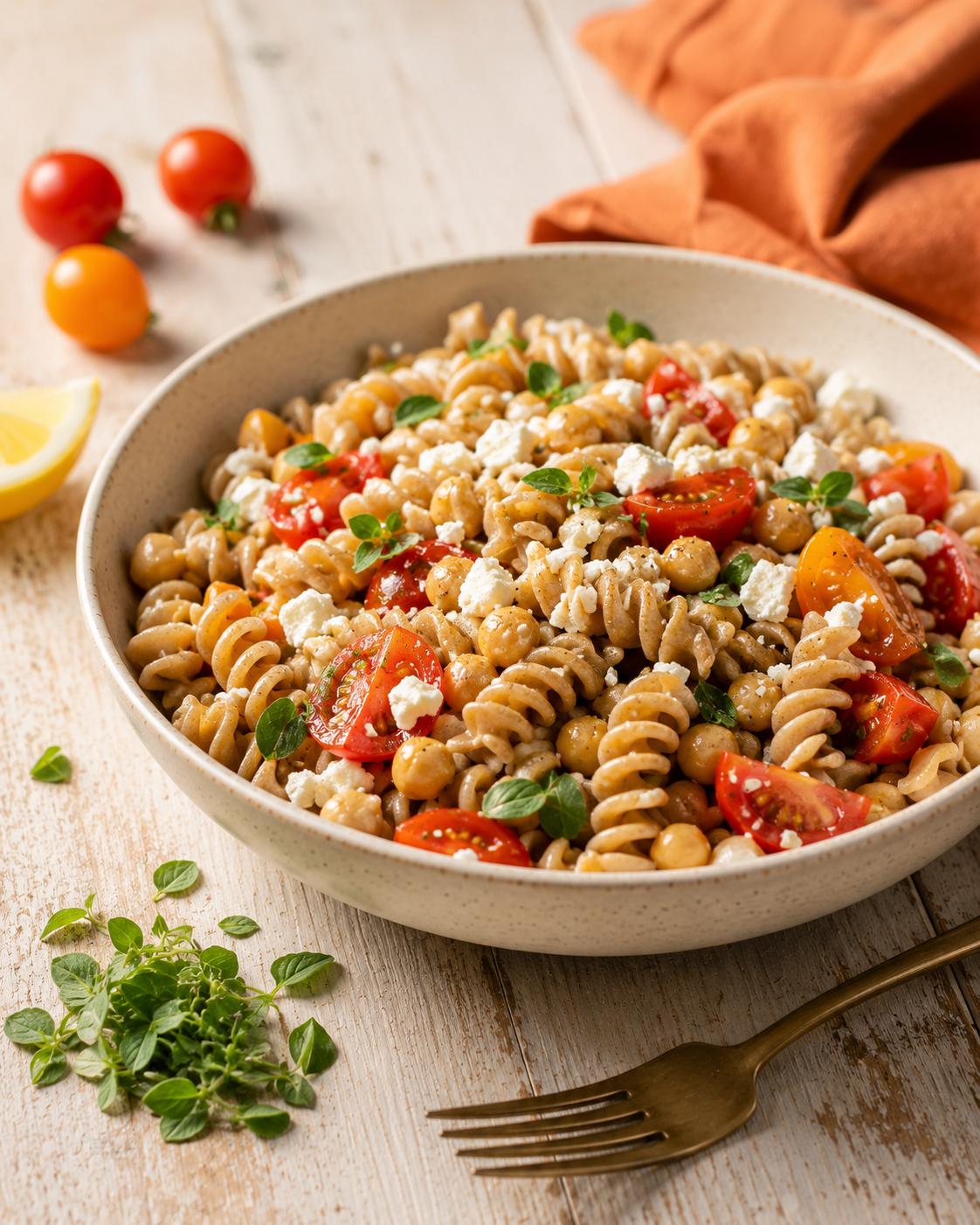 Home 7 Mediterranean chickpea pasta salad with cherry tomatoes and feta in a cream ceramic bowl on a wood table