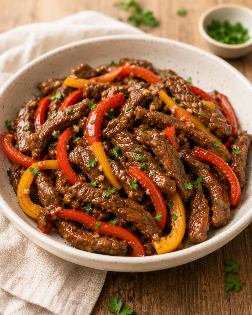 A bowl of beef and pepper stir-fry made with tender strips of lean beef, colorful red and yellow bell peppers, garlic, and soy sauce, served in a ceramic bowl on a rustic wooden table.