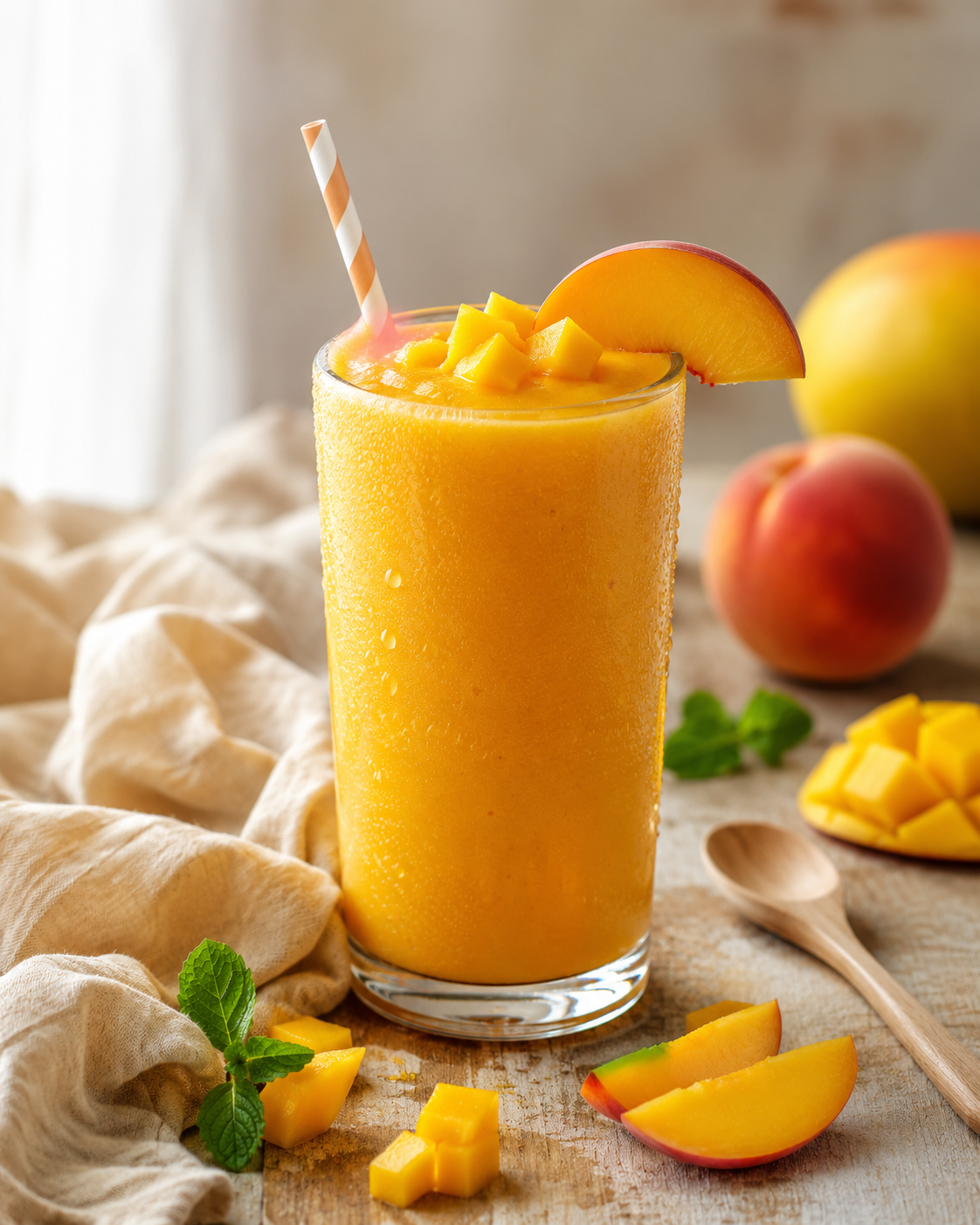 Home 10 Ultra-photorealistic peach mango smoothie in a tall glass topped with fresh mango cubes and a peach slice on a rustic wooden table with mint leaves and fresh fruit.